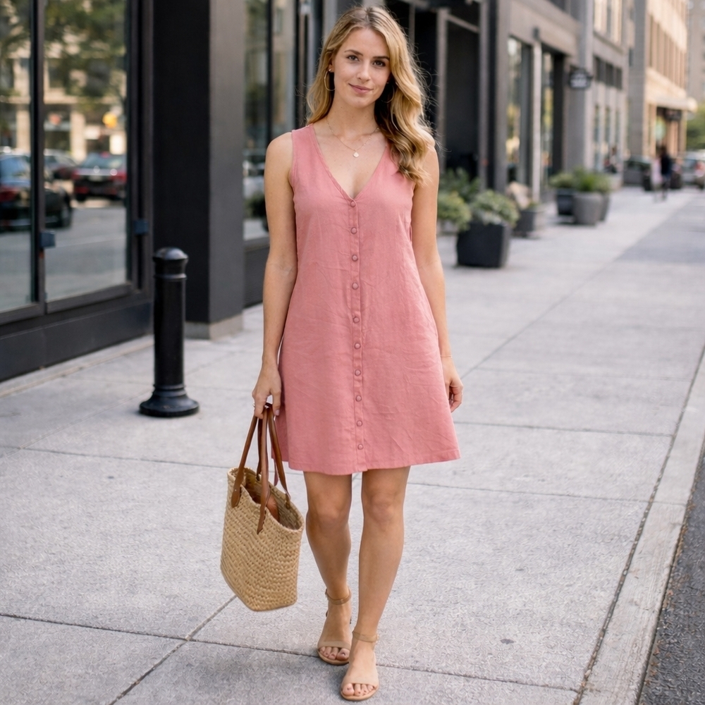 Madewell Pink Button-Front Sleeveless V-Neck Mini Dress 100% Viscose Summer Sun